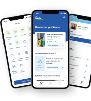 Overzicht verschillende schermen van La Belle Maison Applicatie. Overzicht taken, overzicht applicatie en contact met consulent op schermen van een gsm